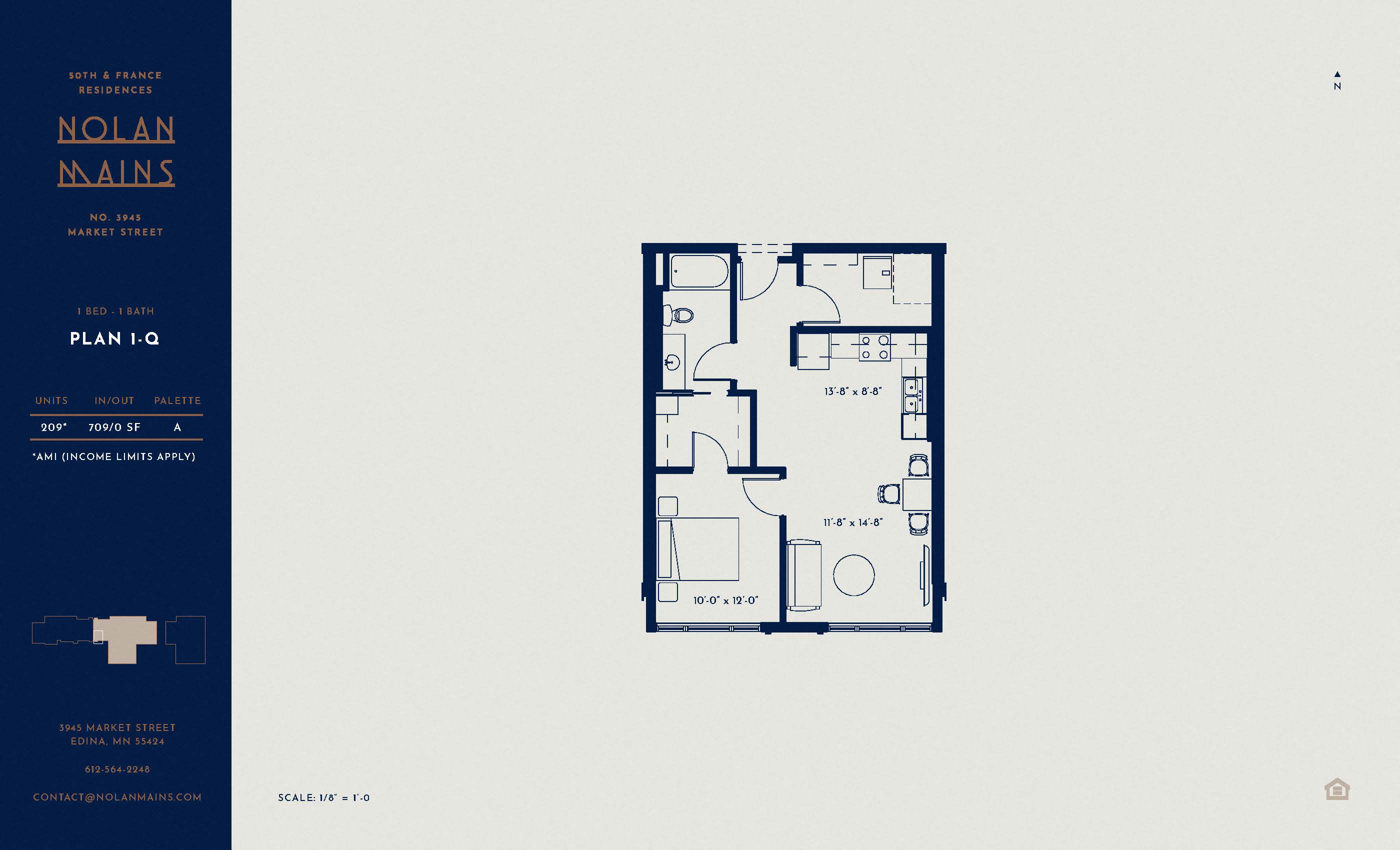 Floor plan for 1 bed, 1 bath, 709 sqft